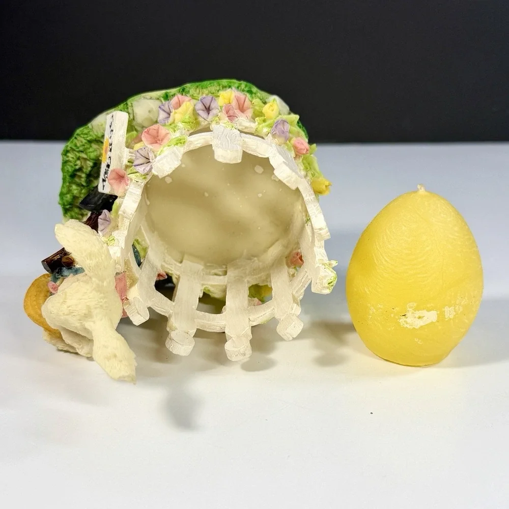 VTG Bunny Rabbit Easter‎ Garden Candle Holder Picket Fence Flowers Spring 4 1/2